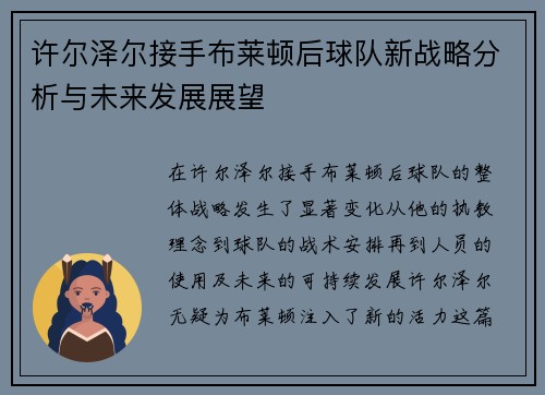 许尔泽尔接手布莱顿后球队新战略分析与未来发展展望 许尔泽尔接手布莱顿后球队新战略分析与未来发展展望
